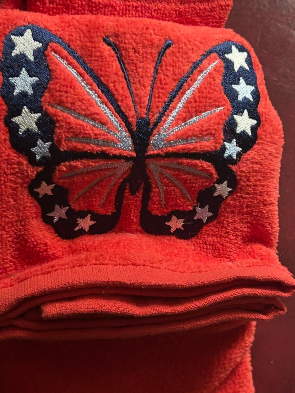 3 Piece Patriotic Americana Butterfly Red Hand & 2 Guest Towel Embroidered Stars